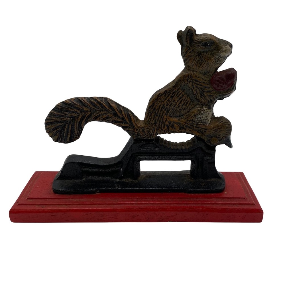 Vintage Squirrel Nutcracker Kitchen Tool Brown Red Cast Iron Wood Base Lever